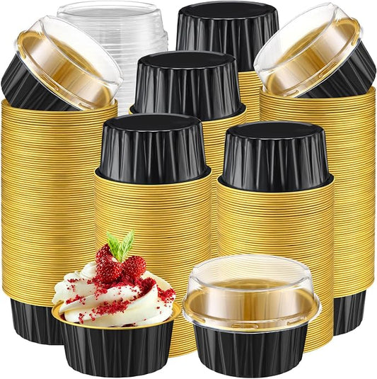 Gejoy 600 Pcs Aluminum Foil Baking Cups with Lids 5 oz Disposable Ramekins Mini Cake Pans Creme Brulee Cupcake Liners Muffin Dessert Container for Wedding Birthday Party (Classic,Black and Gold)