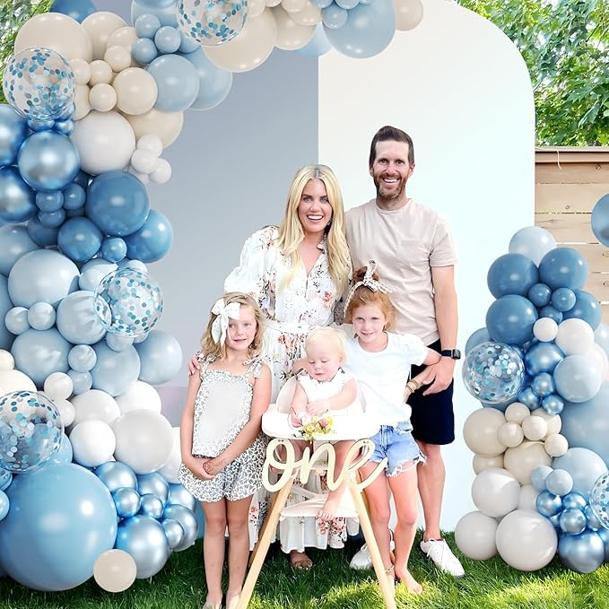Blue Balloon Arch Kit, 143Pcs Dusty Light Macaron Metallic Blue and Sand White Balloons Garland Arch Kit Confetti Balloons for Birthday Wedding Boy Baby Shower Gender Reveal Decorations