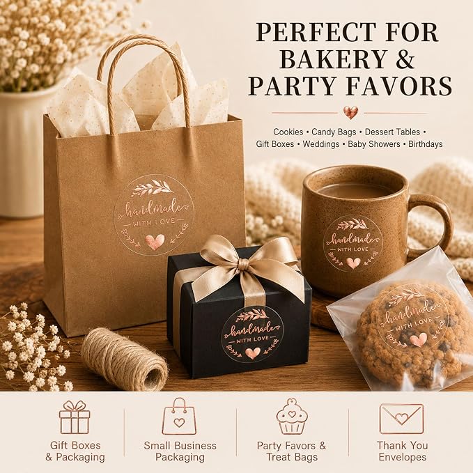 100 Handmade with Love Stickers, Clear Rose Gold Foil Labels for Small Business Packaging, Bakery Boxes, Gift Bags, Cookies, Handmade Crafts & Customer Orders, 1.6 Inch Round