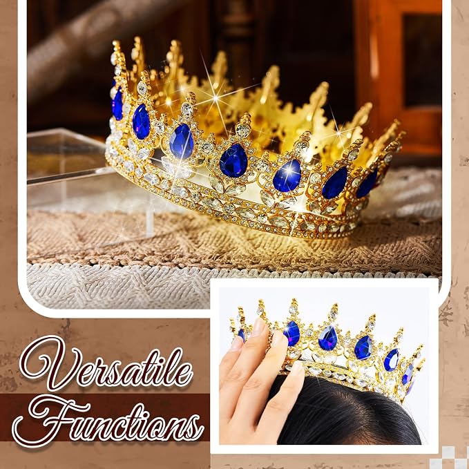 8 Pcs Gold and Blue Queen Crown Cake Topper for Women, Happy Birthday Cake Toppers Foam Balls Rhinestone Crystal Tiara Wedding Decoration for Princess Party Photo Props