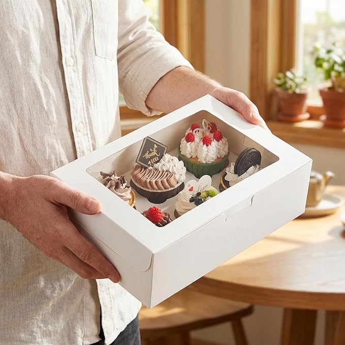 Jucoan 50 Pack White Paper Cupcake Box with Insert and Window Hold 6 Standard Cupcakes, Cupcake Carrier Container, Bakery Muffin Box for Pastry, Cookies, Birthday, Father's Day, Wedding Party