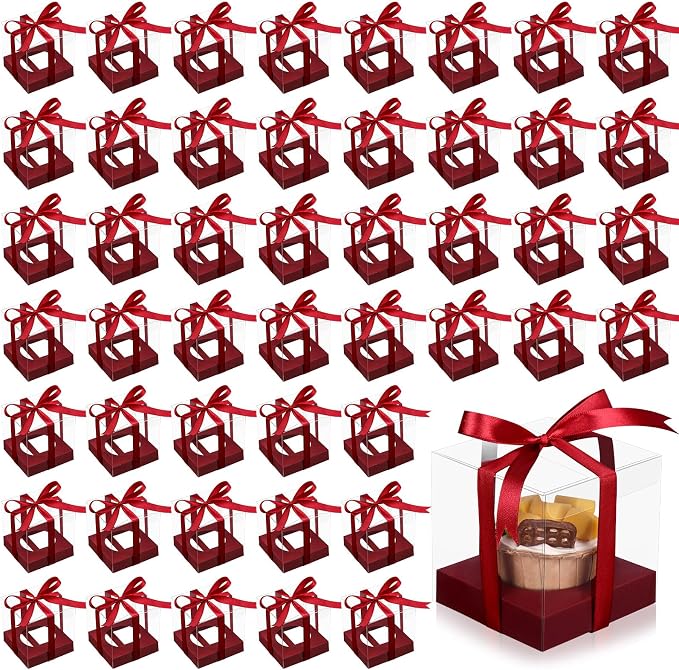 Thenshop 50 Pcs Clear Cupcake Boxes Individual 3.5 Inch Plastic Single Cupcake Containers Boxes with Inserts and Ribbon Individual Cake Storage Holders for Cake Kitchen(Claret)