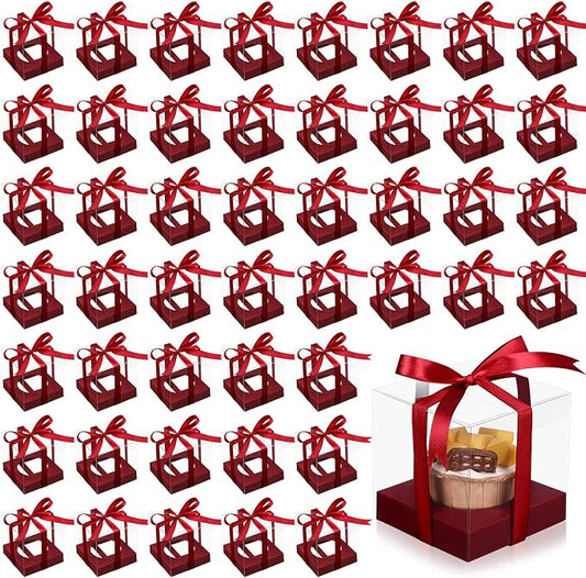 Thenshop 50 Pcs Clear Cupcake Boxes Individual 3.5 Inch Plastic Single Cupcake Containers Boxes with Inserts and Ribbon Individual Cake Storage Holders for Cake Kitchen(Claret)