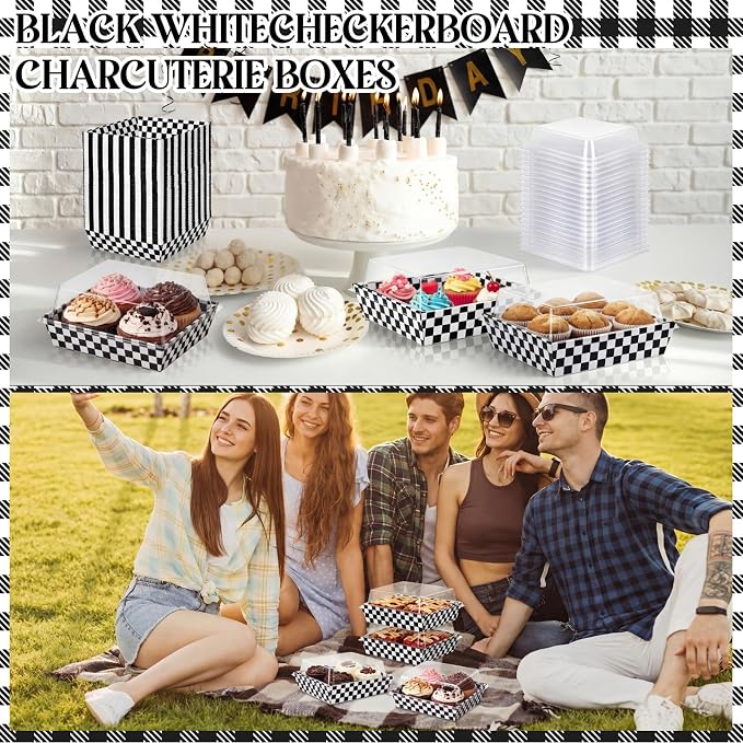 Potchen 50 Pack Checkerboard Charcuterie Boxes with Clear Lids – Classic Black ＆ White Plaid Design Boxes with Window for Cookies, Candy, and Mini Cakes – Ideal for Gift Giving & Bakery Packaging