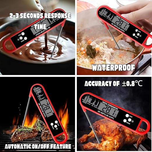 Meat Thermometer Digital for Grilling and Cooking - Waterproof Ultra-Fast Instant Read Food thermometers with Backlight & Calibration for Kitchen, Deep Fry, BBQ, Grill LCD(Red)