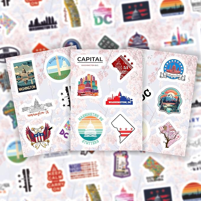 BulbaCraft 100Pcs Washington DC Stickers for Water Bottle and Laptop - Washington DC Party Supplies & Decorations, Waterproof Vinyl Decals, State Pride and Icon Stickers, Gifts for Women & Men