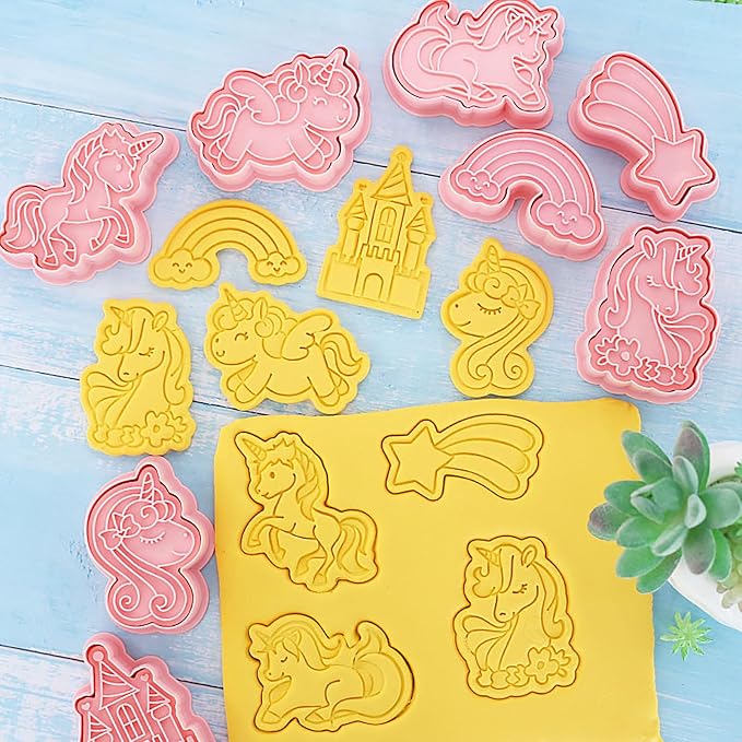 Unicorn Cookie Cutters with Cookie Stamps 8 Pcs Rainbow Castle Cookie Molds for Girls Birthday Party (Unicorn B)