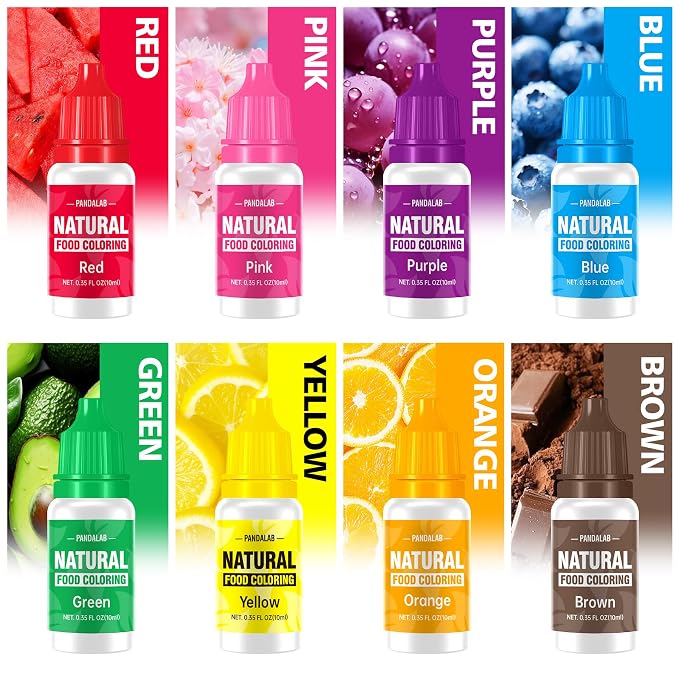 Natural Food Coloring - Pandalab 8 Colors x 10 ml Plant-Based Concentrated Food Dye, No Artificial Dye, Vegan Edible Color for Baking, Cake Decorating, Icing, Frosting, Cookies, Candy
