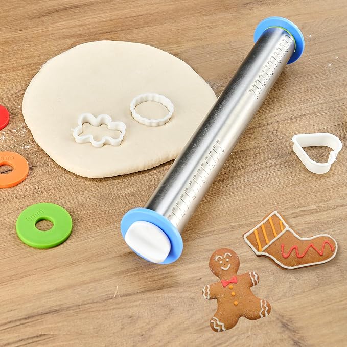 Adjustable Rolling Pin 17” with 4 Thickness Rings for Baking, Stainless Steel Dough Roller with Clear Measurement for Pizza, Fondant, Pie, Cookies, Baking Supplies, Pastry, Pasta