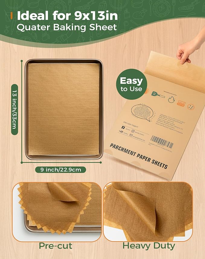 9x13 Unbleached Parchment Paper Sheets for Baking, Precut Brown Parchment Paper for Oven, Air Fryer, Non-Stick Greaseproof Baking Paper for Quater Sheet, Cookies Bread Pizza Cake Bake, 100PCS