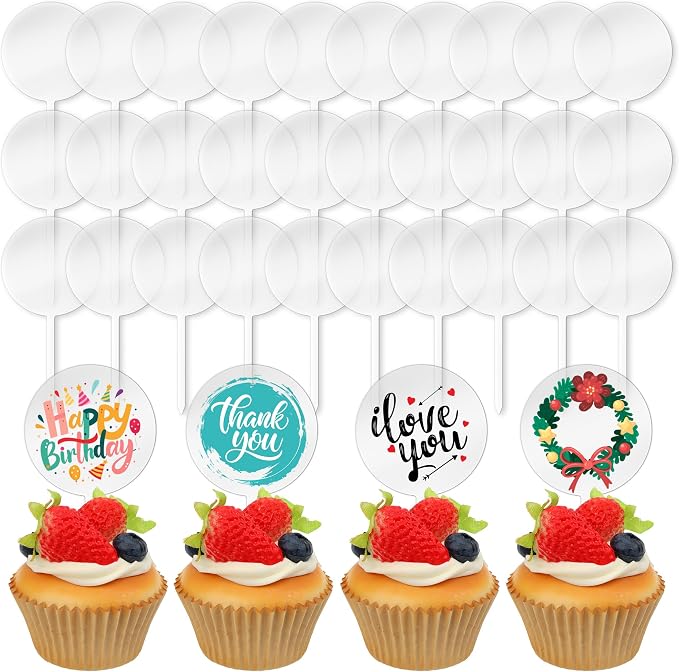 Blank Acrylic Cupcake Toppers, 10 Packs Round Cupcake Topper with Sticks, DIY Dessert Table Cupcake Signs, Suitable for Birthdays, Weddings, Christmas, Baby Showers Cake Decoration