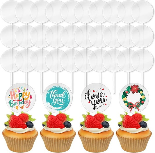 Blank Acrylic Cupcake Toppers, 50 Packs Round Cupcake Topper with Sticks, DIY Dessert Table Cupcake Signs, Suitable for Birthdays, Weddings, Christmas, Baby Showers Cake Decoration