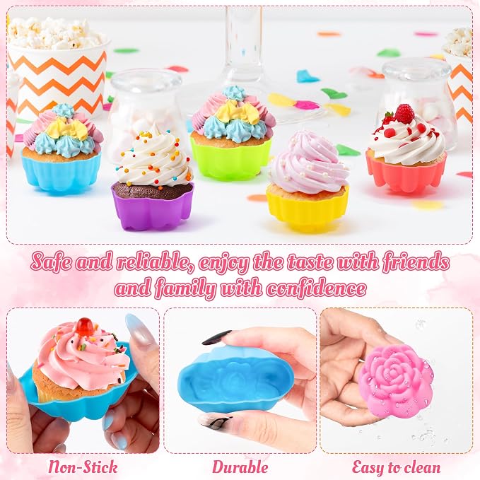 R HORSE Mini Silicone Cupcake Molds - 42Pcs 2 Inch Muti-color Flower-shaped Baking Cups, Reusable Non-Stick Muffin Baking Cups Cupcake Wrappers for Pudding Dessert Donut Oven Dishwasher Microwave Safe