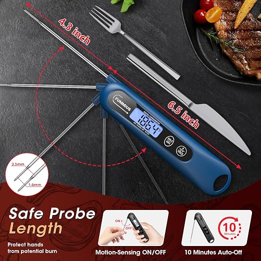 Digital Meat Thermometer - 2S Instant Read Food Thermometer with Backlight, Foldable Probe for Turkey BBQ Grill Smoker Candy, Essential Kitchen Cooking Gadget (Blue)