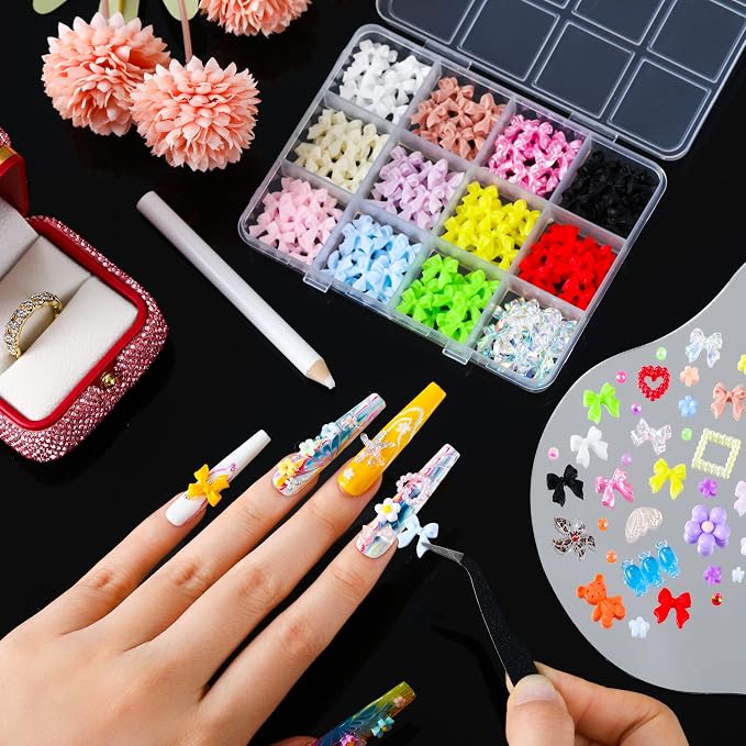 Bedazzling Kit – 5 Boxes 3D Nail Art Accessories: Multi-Colored Resin Rhinestones 24 Colors, Resin Flowers, Bowknot & Mixed Nail Decorations, 12-Grid Storage, DIY for Manicure & Nail Art