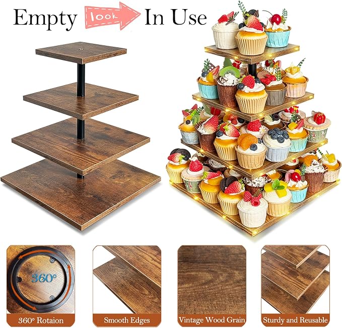 4 Tier Cupcake Stand, Wooden Cupcake Holder Stand for 50 Cupcakes Rustic Cupcake Display Stand for Wedding, Birthday
