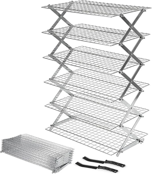 6 Tier Upgraded Collapsible Cooling Rack with Adjustable 3 Setting Design, Stackable Baking Rack with Clean Brush, Roasting Cooking Drying Wire Cooling Rack for Cookies Baking Roasting ＆ Grilling