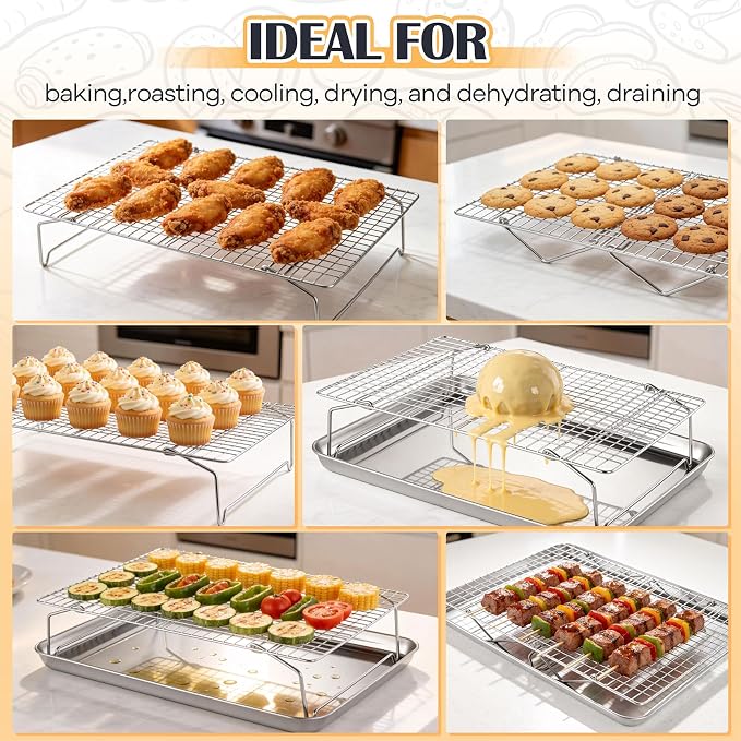 P&P CHEF 4 Tier Cooling & Baking Racks, Stainless Steel Stackable Grid Cooking Rack for Cooling Roasting Grilling, Collapsible & Heavy Duty, Oven & Dishwasher Safe, 15" x 10"