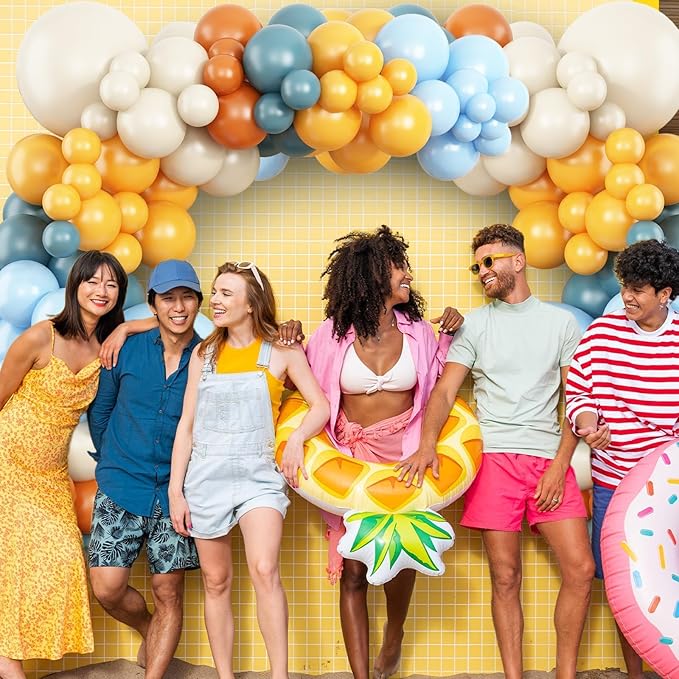 Here Comes the Son Balloon Arch Kit, Retro Blue Yellow Boho Balloon Garland with Mustard Yellow Pastel Blue Sand White Coffee Balloon for Fall Colorful Baby Shower First Birthday Party Decoration