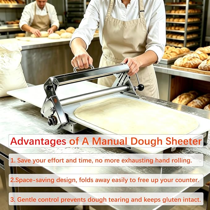 Folding Dough Sheeter, Manual Dough Rolling Machine, Adjustable Thickness, Stainless Steel Manual Dough Sheeter for Croissants, Pizza, Pastry, Home & Commercial (15.5in) | Adjustable Thickness