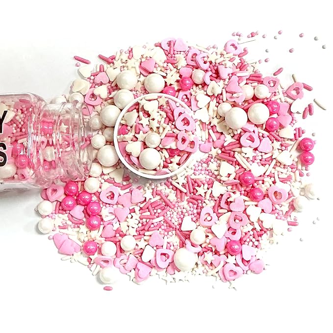 Valentines Sprinkles for Cake Decorating,Edible Pink White Pearl Confetti Jimmies Heart Sprinkles 100g/3.5oz Baking Ice Cream Cupcakes Wedding Party Valentines Christmas Supplies