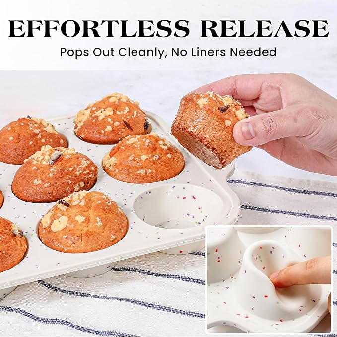 2 Pcs Silicone Muffin Pan with Metal Frame Nonstick 12 Cup Regular Size Cupcake Pan Silicone Muffin Tray for Baking Egg Bites Muffins Cupcakes Gifts for Mom Home Baker Kitchen (Cream)