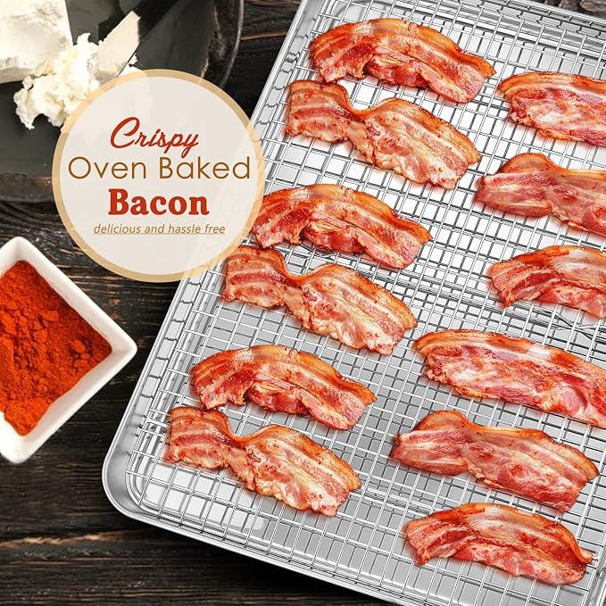 Stainless Steel Baking Sheet with Rack Set, E-far 16”x12” Cookie Sheet Pan for Oven, Rimmed Metal Tray with Wire Cooling Rack for Cooking Roasting Resting Bacon Meat Steak - Dishwasher Safe