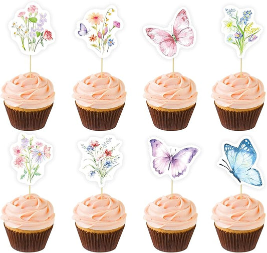 40 Pcs Wildflower & Butterflies Cupcake Toppers - 8 Styles, 5 Pcs Each - Non-Edible Cake Toppers for Wedding, Birthday, Party Decorations