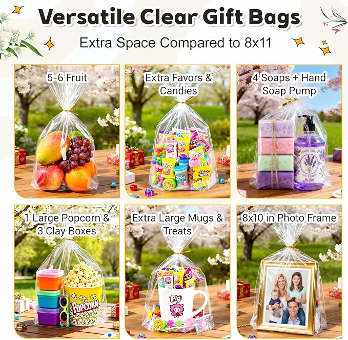 PigPotParty Cellophane Bags 12x16 Inch, 100 Pack Clear Plastic Gift Bags, Bottom Gusset for Stand-Up Display, Medium Cello Wrap for Large Goodies, Treats, Party Favors, Mugs, Includes 100 Gold Ties