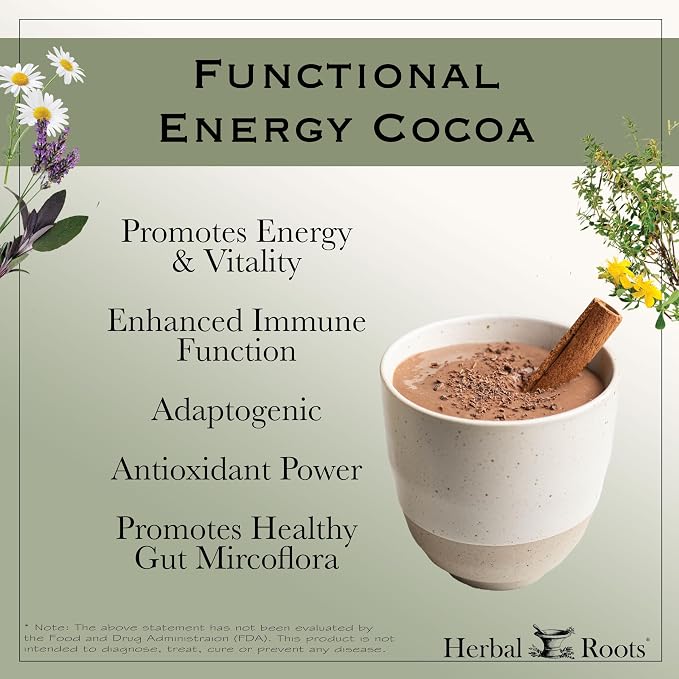 Herbal Roots Organic Energy Functional Cocoa Beverage Powder - Ginseng, Maca, Cordyceps - Sweetened with Dates and Coconut - 28 servings
