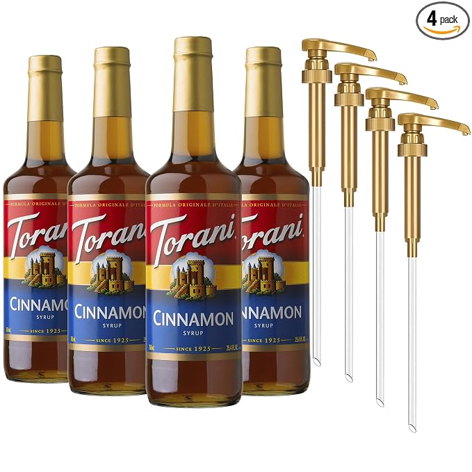 Torani Coffee Syrup, Cinnamon Flavored Syrup for Drinks, Glass Bottle 4-Pack, Pumps Included, 25.4 Fl Oz