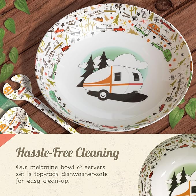 Camping Bowl with Servers Set - 11.8” x 11.8” Melamine Bowls for Salads, Popcorn, Fruits & More - BPA Free, Top Shelf Dishwasher Suitable Dinnerware Set for Indoor & Outdoor Dining by Camp Casual