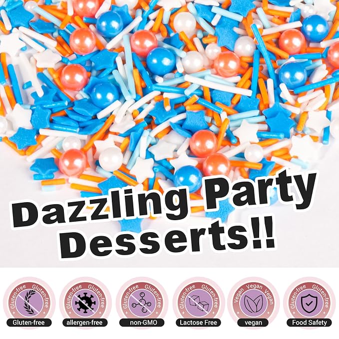 HUEBEATY 6-in-1 Carton Party Sprinkles for Cake Decorating – 180g Blue and Orange Birthday Sprinkles with Jimmies, Nonpareils, Stars, Pearls & Sugar Crystal – Edible Cakes, Cupcakes, Cookies & Ice Cream Topper Decorations for Birthday Parties