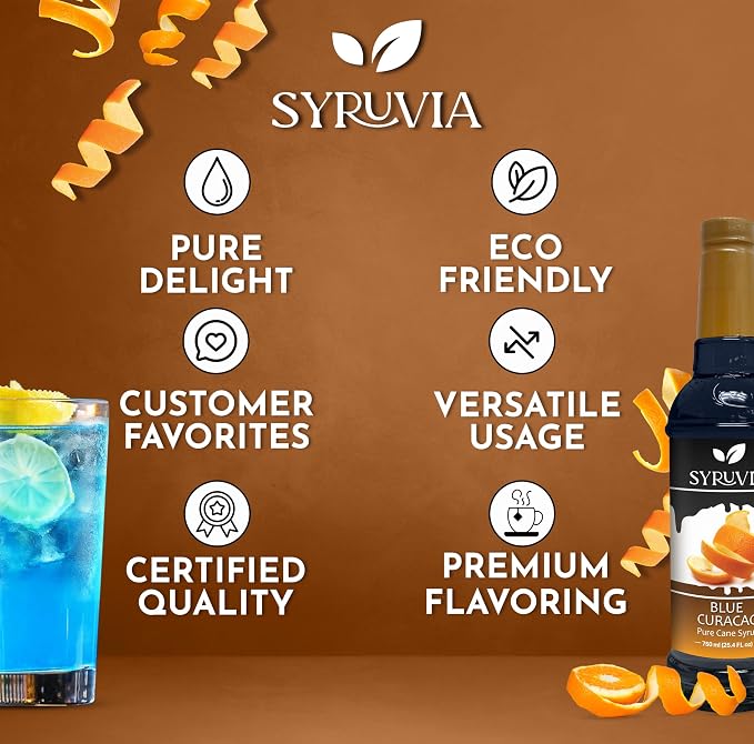 Syruvia Blue Curacao Syrup, Flavored Syrup for Cocktails, Drinks, Lemonades, Iced Teas, and Desserts – 25.4 fl oz - with Pump