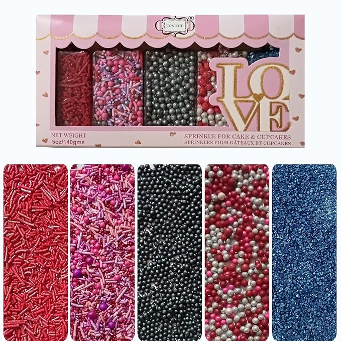 Confect Edible Sprinkles for Cake Decorating - Red Jimmies, Blush Pink Red Gun Metal Silver Pearl Mix with Navy Sparkling Sugar | Vegan, Gluten-Free, Dessert Topping - 5 Oz