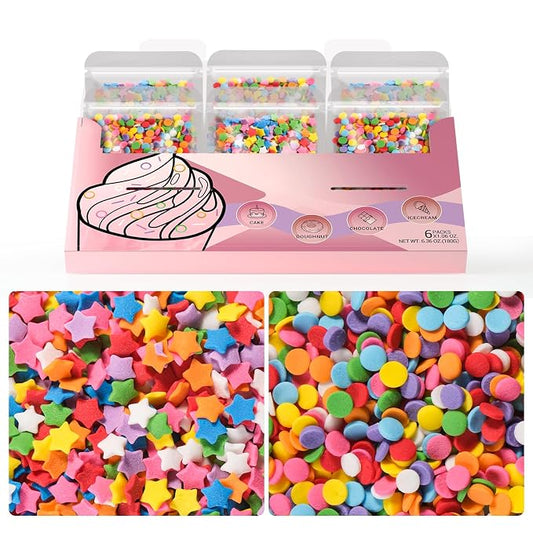 HUEBEATY 6-in-1 Neon Rainbow Confetti Sprinkles Bulk – 180g/6.35oz Star & Round Edible Sprinkles for Cake Decorating, Cupcakes, Cookies, Ice Cream & Desserts – Colorful Party, Easter & Birthday Cake Sprinkles and Topping Decorations