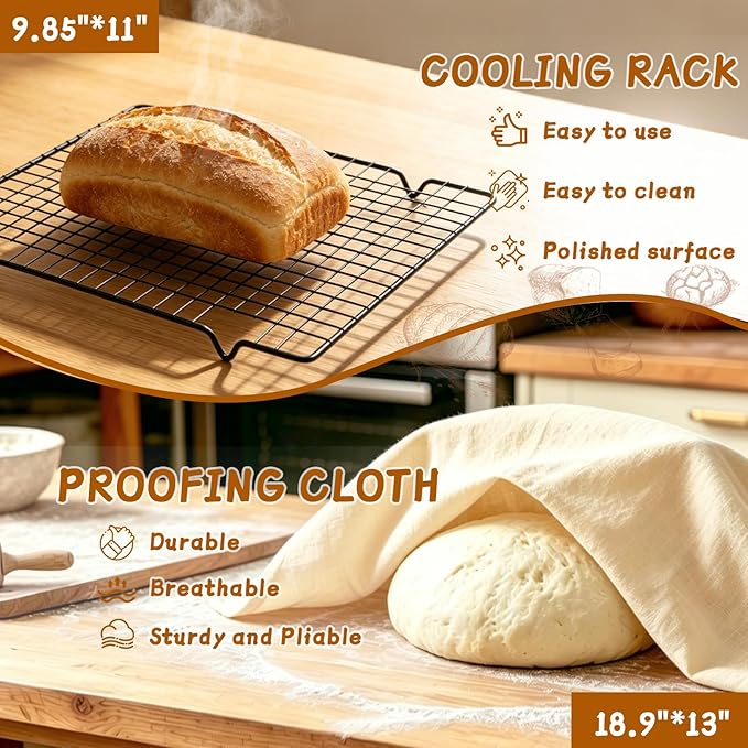 52 Pcs Sourdough Starter Kit, Sourdough Bread Baking Supplies with 9" Round & 10" Oval Banneton Bread Proofing Basket, Cooling Rack, Sour Dough Starter Jar, Bread Making Kit Gifts for Women Wife Mom