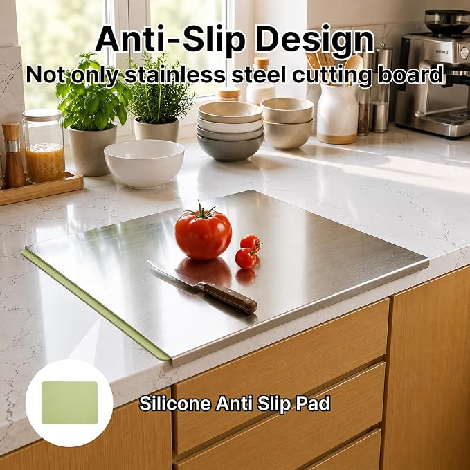 Large Stainless Steel Cutting Board with Lip for Kitchen, Chopping Boards with Green Non-slip Mat, Cutting Board with Counter Lip for Meat, Fruits, Vegetables, Bread,Dough(15.7" × 11.8")