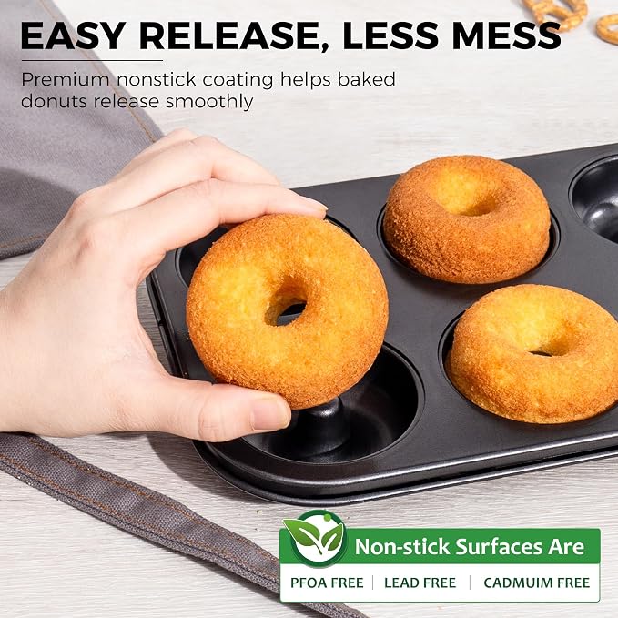 HONGBAKE Donut Pan for Baking, 2-Pack Nonstick Doughnut Pans, 6-Cavity Deep Donut Mold for Fuller Baked Cake Donuts, Heavy-Duty Carbon Steel, Oven Safe to 450°F - Black