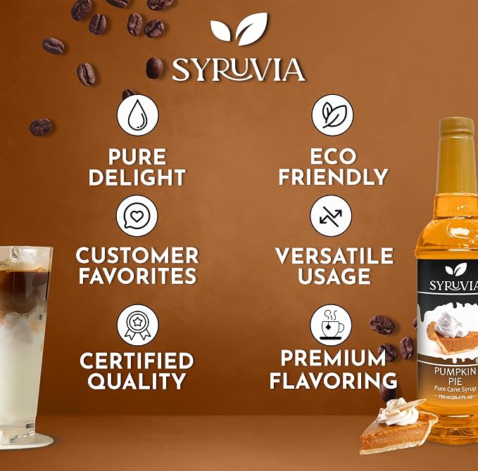 Syruvia Coffee Syrup, Pumpkin Pie Flavored Syrup for Drinks, Lattes, and Desserts – 25.4 fl oz - with Pump