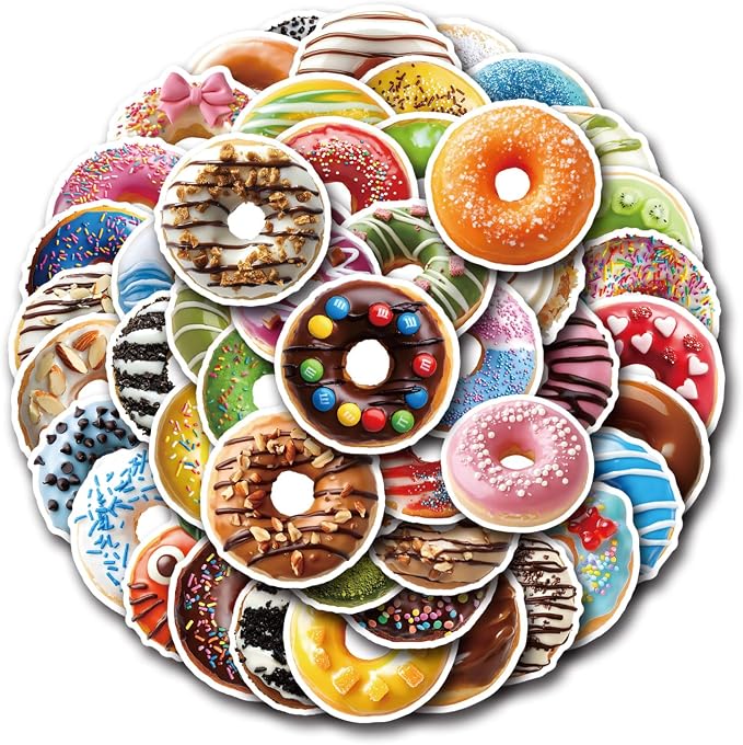 Donut Stickers,50 PCS Doughnut Food Themed Waterproof Sticker Vinyl Decals Supplies Favors Party Decor Water Bottles Laptop Phone Helmet Scrapbooks Gifts Birthday