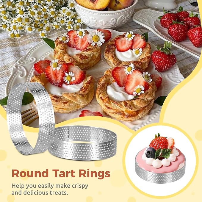 12Pack Tart Rings, 304 Stainless Steel Perforated Tart Rings with Silicone Oil Brush, 3.15 Inch Cake Mousse Rings, Metal Pastry Cake Molds for Baking Dessert Rings, Dishwasher-Safe