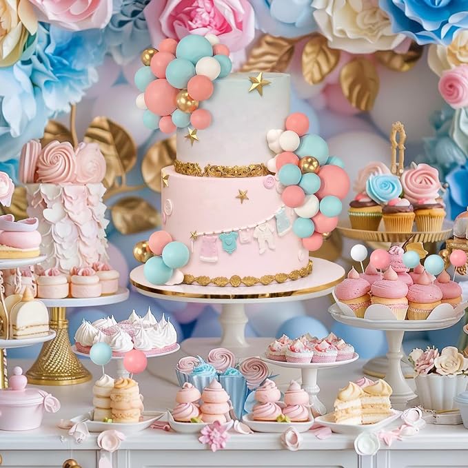 56 PCS Ball Cake Picks Colorful Ball Shaped Cake Topper Pearl Balls Cupcake Cake Insert Topper for Birthday Party Wedding Decoration Supplies Blue Pink Series Four Colors