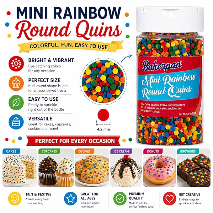 Bakerpan Quins Rainbow Sprinkles for Cake Decorating - 5.87 Ounces - Crunchy Rainbow Edible Confetti Sprinkles for Cupcakes, Ice Cream, Cookies, Cakes