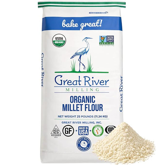 Great River Milling Organic Millet Flour | USDA Organic, Naturally Gluten Free, Non-GMO, Vegan, Kosher | Mild, Nutty Flavor for Baking, Flatbreads, Pancakes & Porridge | 25 Lb