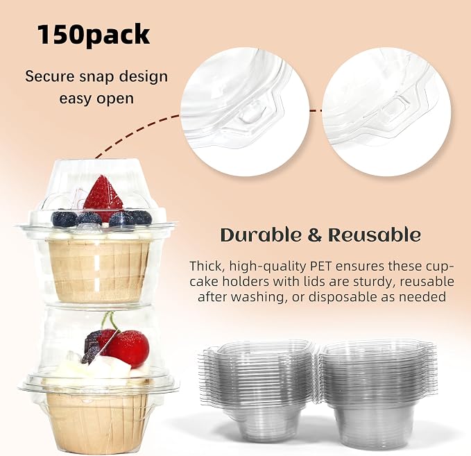 WIKDAY 150 Pack Individual Cupcake Containers, Plastic Cupcake Boxes with Lids, Stackable and Reusable, Clear Design for Cupcakes, Muffins, Donuts, Salad Storage