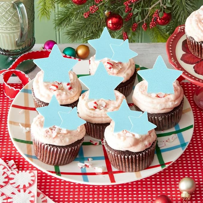 60 PCS Edible Star Cupcake Toppers Edible Stars Cake Decorations Wafer Paper Twinkle Star Cake Toppers Baby Shower Cupcake Picks for Wedding Engagement Bridal Shower Birthday Party Supplies Blue