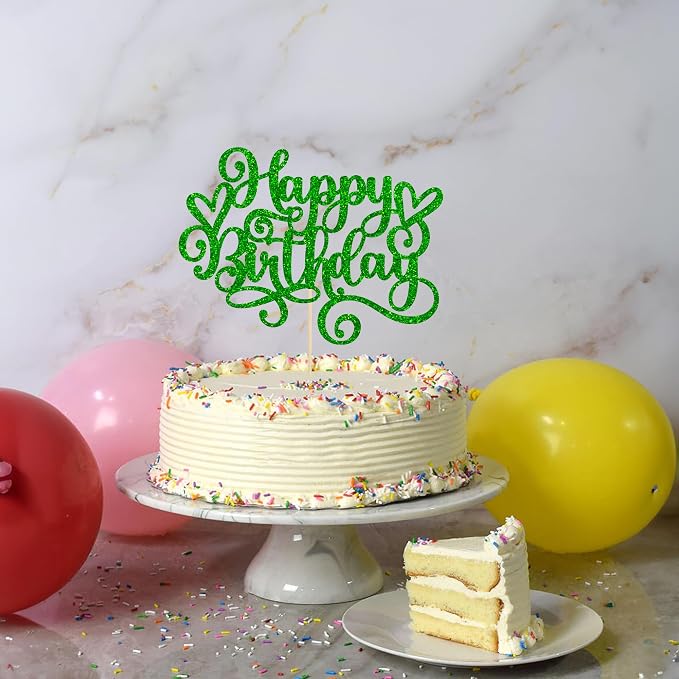 Gyufise Happy Birthday Cake Topper Glitter Cake Pick for Celebrating Anniversary Party Cake Decorations Supplies Green (1Pcs)