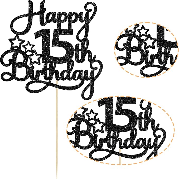 1 Pack Happy 15th Birthday Cake Topper Black Glitter Mis Quince 15 Cheers to 15 Years Old Birthday Cake Pick for Celebrating 15th Birthday Anniversary Party Cake Decorations Supplies