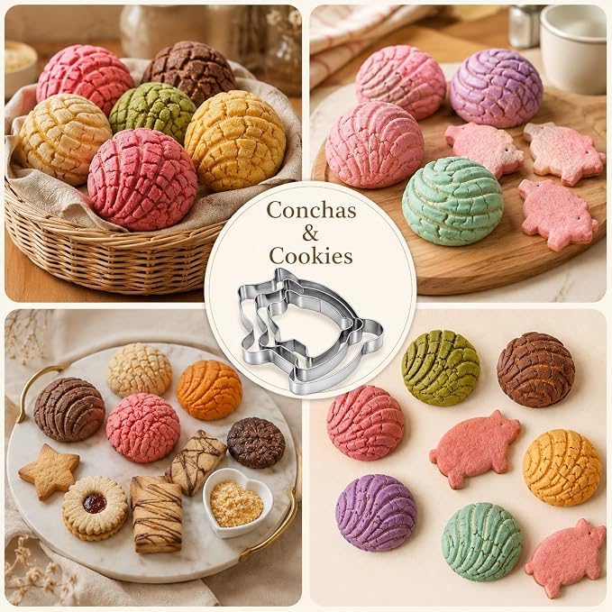 4PCS Mexican Bread Concha Cutter & Pig Cookie Cutter Set - Includes Stainless Steel Concha Stamp Mold and Fun Durable Cookie Stamps for Baking Cookies - Perfect Donut Biscuit Cutters Baking Supplies